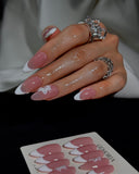 (JDD1018#) Handmade Press-On Nails | Reusable, Salon-Quality, Long-Lasting, Glossy Design, Nude Pink White French Tip Almond Press-On Nails 3D Flower Accent Wedding Party Set
