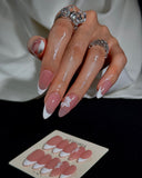 (JDD1018#) Handmade Press-On Nails | Reusable, Salon-Quality, Long-Lasting, Glossy Design, Nude Pink White French Tip Almond Press-On Nails 3D Flower Accent Wedding Party Set