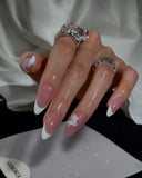 (JDD1018#) Handmade Press-On Nails | Reusable, Salon-Quality, Long-Lasting, Glossy Design, Nude Pink White French Tip Almond Press-On Nails 3D Flower Accent Wedding Party Set