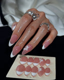(JDD1018#) Handmade Press-On Nails | Reusable, Salon-Quality, Long-Lasting, Glossy Design, Nude Pink White French Tip Almond Press-On Nails 3D Flower Accent Wedding Party Set