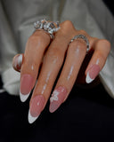 (JDD1018#) Handmade Press-On Nails | Reusable, Salon-Quality, Long-Lasting, Glossy Design, Nude Pink White French Tip Almond Press-On Nails 3D Flower Accent Wedding Party Set