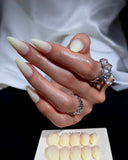 (JDD1012#) Handmade Press-On Nails | Reusable, Salon-Quality, Long-Lasting, Glossy Design, Milky Nude Beige Almond Press-On Nails, Minimalist Natural Everyday Nails