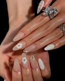 (AM0026#) Handmade Press-On Nails | Reusable, Salon-Quality, Long-Lasting, Glossy Design, Blush Pink Nude Lace Floral Almond Nails with Gold Beads, Bridal Party Wear