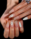 (AM0026#) Handmade Press-On Nails | Reusable, Salon-Quality, Long-Lasting, Glossy Design, Blush Pink Nude Lace Floral Almond Nails with Gold Beads, Bridal Party Wear