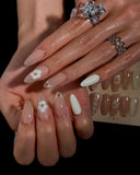 (AM0026#) Handmade Press-On Nails | Reusable, Salon-Quality, Long-Lasting, Glossy Design, Blush Pink Nude Lace Floral Almond Nails with Gold Beads, Bridal Party Wear