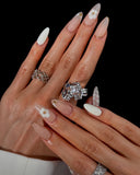 (AM0026#) Handmade Press-On Nails | Reusable, Salon-Quality, Long-Lasting, Glossy Design, Blush Pink Nude Lace Floral Almond Nails with Gold Beads, Bridal Party Wear