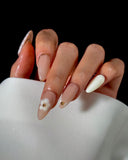 (AM0026#) Handmade Press-On Nails | Reusable, Salon-Quality, Long-Lasting, Glossy Design, Blush Pink Nude Lace Floral Almond Nails with Gold Beads, Bridal Party Wear