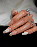 (AM0026#) Handmade Press-On Nails | Reusable, Salon-Quality, Long-Lasting, Glossy Design, Blush Pink Nude Lace Floral Almond Nails with Gold Beads, Bridal Party Wear