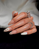 (AM0026#) Handmade Press-On Nails | Reusable, Salon-Quality, Long-Lasting, Glossy Design, Blush Pink Nude Lace Floral Almond Nails with Gold Beads, Bridal Party Wear