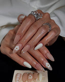 (AM0026#) Handmade Press-On Nails | Reusable, Salon-Quality, Long-Lasting, Glossy Design, Blush Pink Nude Lace Floral Almond Nails with Gold Beads, Bridal Party Wear
