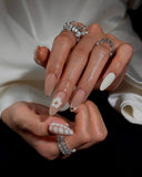 (AM0026#) Handmade Press-On Nails | Reusable, Salon-Quality, Long-Lasting, Glossy Design, Blush Pink Nude Lace Floral Almond Nails with Gold Beads, Bridal Party Wear