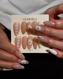 (AM0026#) Handmade Press-On Nails | Reusable, Salon-Quality, Long-Lasting, Glossy Design, Blush Pink Nude Lace Floral Almond Nails with Gold Beads, Bridal Party Wear