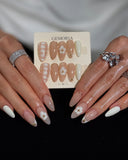(AM0026#) Handmade Press-On Nails | Reusable, Salon-Quality, Long-Lasting, Glossy Design, Blush Pink Nude Lace Floral Almond Nails with Gold Beads, Bridal Party Wear