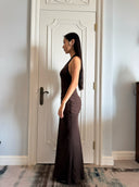 Dark Brown Halterneck Backless Knit Maxi Dress | Tencel-Wool Blend Bodycon Dress with Slit