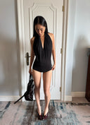 Black Halterneck Romper Top + Tapered Wide-Leg Pants Two-Piece Set