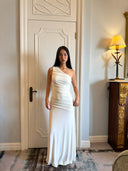 Off-White One-Shoulder Knit Bodycon Maxi Dress | Ruched Slim-Fit Mermaid Gown