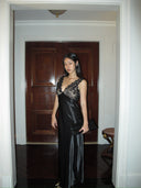 Black Lace Paneled Deep V-Neck Bodycon Gown | Contrast Satin Formal Evening Dress