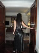 Black Lace Paneled Deep V-Neck Bodycon Gown | Contrast Satin Formal Evening Dress