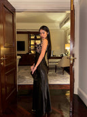 Black Lace Paneled Deep V-Neck Bodycon Gown | Contrast Satin Formal Evening Dress