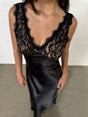 Black Lace Paneled Deep V-Neck Bodycon Gown | Contrast Satin Formal Evening Dress