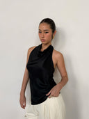 Black Acetate Satin Halterneck Top | Backless Fringe Tie Detail Sleeveless Blouse