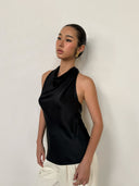 Black Acetate Satin Halterneck Top | Backless Fringe Tie Detail Sleeveless Blouse