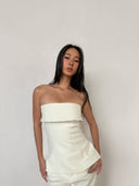 White Bandeau Top & Straight-Leg Pants Set | Minimalist High-End Suit Co-ord