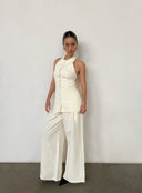 Off-White Cotton-Linen Halterneck Backless Vest + Wide-Leg Pants Two-Piece Set