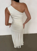 Off-White One-Shoulder Knit Bodycon Maxi Dress | Ruched Slim-Fit Mermaid Gown