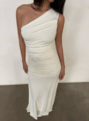 Off-White One-Shoulder Knit Bodycon Maxi Dress | Ruched Slim-Fit Mermaid Gown