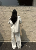 Minimalist V-neck Collarless Blazer Suit Oversized Wide-Leg Pants  Two-Piece Set in